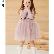 Minibalabala/Сетчатое платье для девочек с принтом вишни; Новинка г.; осеннее Пышное Платье с длинными рукавами и высоким воротом