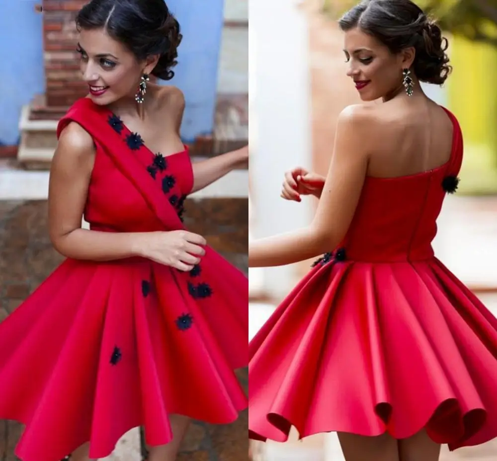 

2020 Cheap Red Sexy One Shoulder A Line Applique Short Prom Dresses Party Evening Gowns Vestidos De Festa