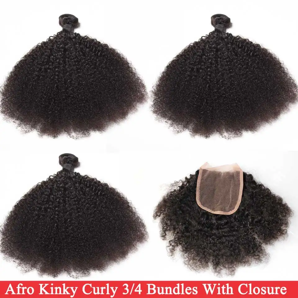 

Mongolian Afro Kinky Curly Bundles With Closure 3/4 Bundles With Closure Free /Middle Part Remy Human Hair Bundles With Closure