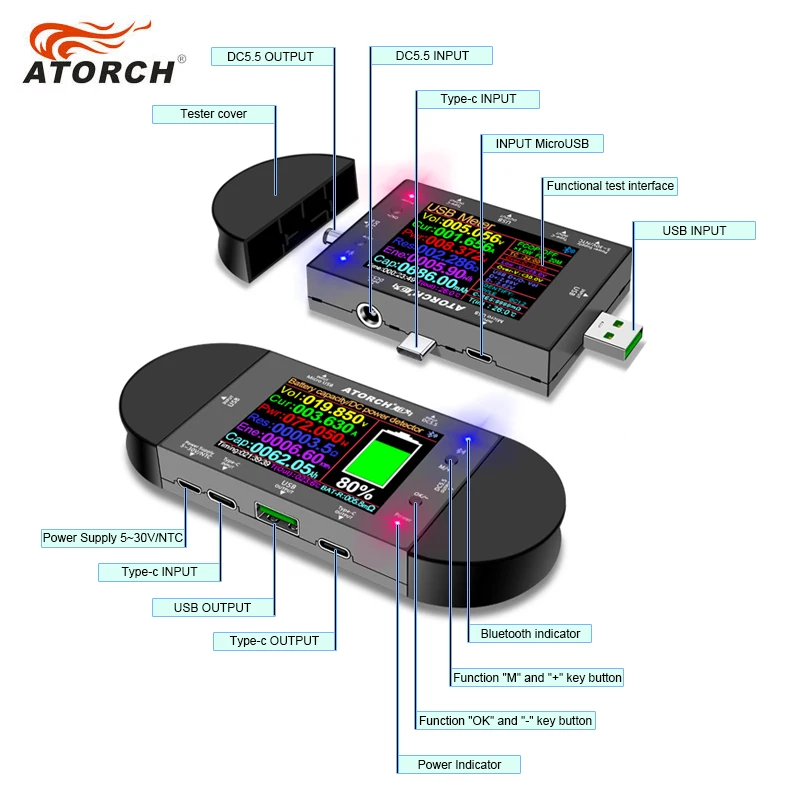 DC5.5 Type-C USB tester digital voltmeter ammeter power bank battery voltage detector volt  electric meter + DC adapter images - 6