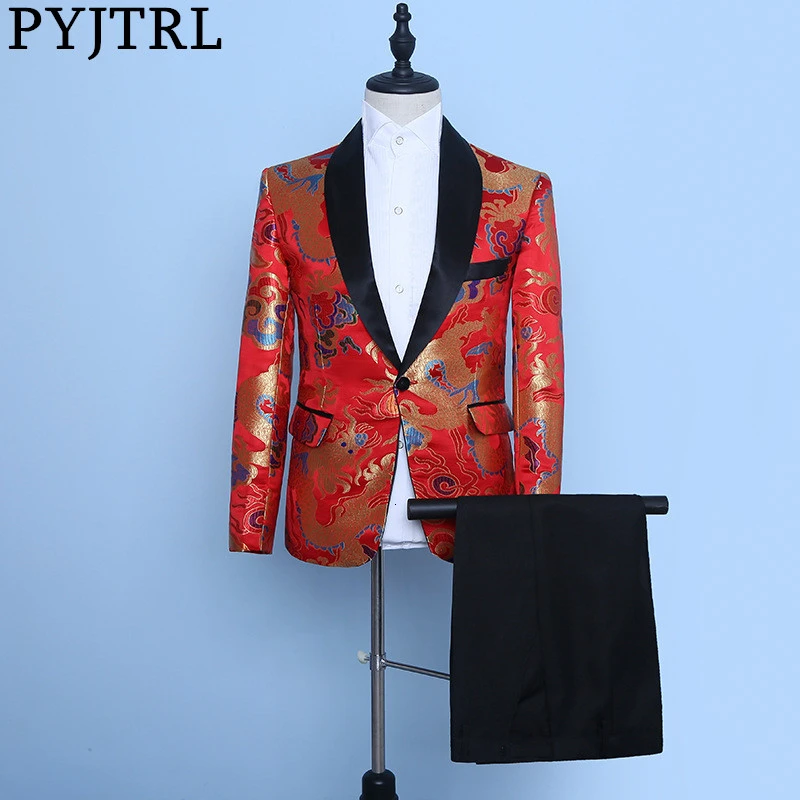 PYJTRL, 2 предмета, китайский стиль, красный дракон, узор, жаккардовый костюм, мужской костюм, мужские костюмы с брюками, свадебные костюмы, приталенный смокинг