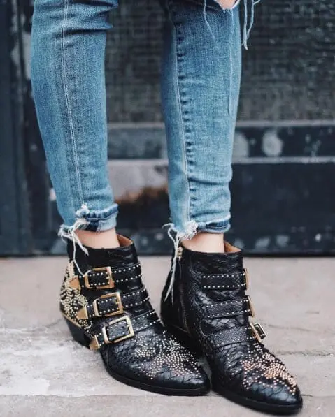 Rivets Real Leather Women Booties Buckle Straps Thick Heel Black Ankle Women Boots Studded Decorated Woman Boots Motorcycle