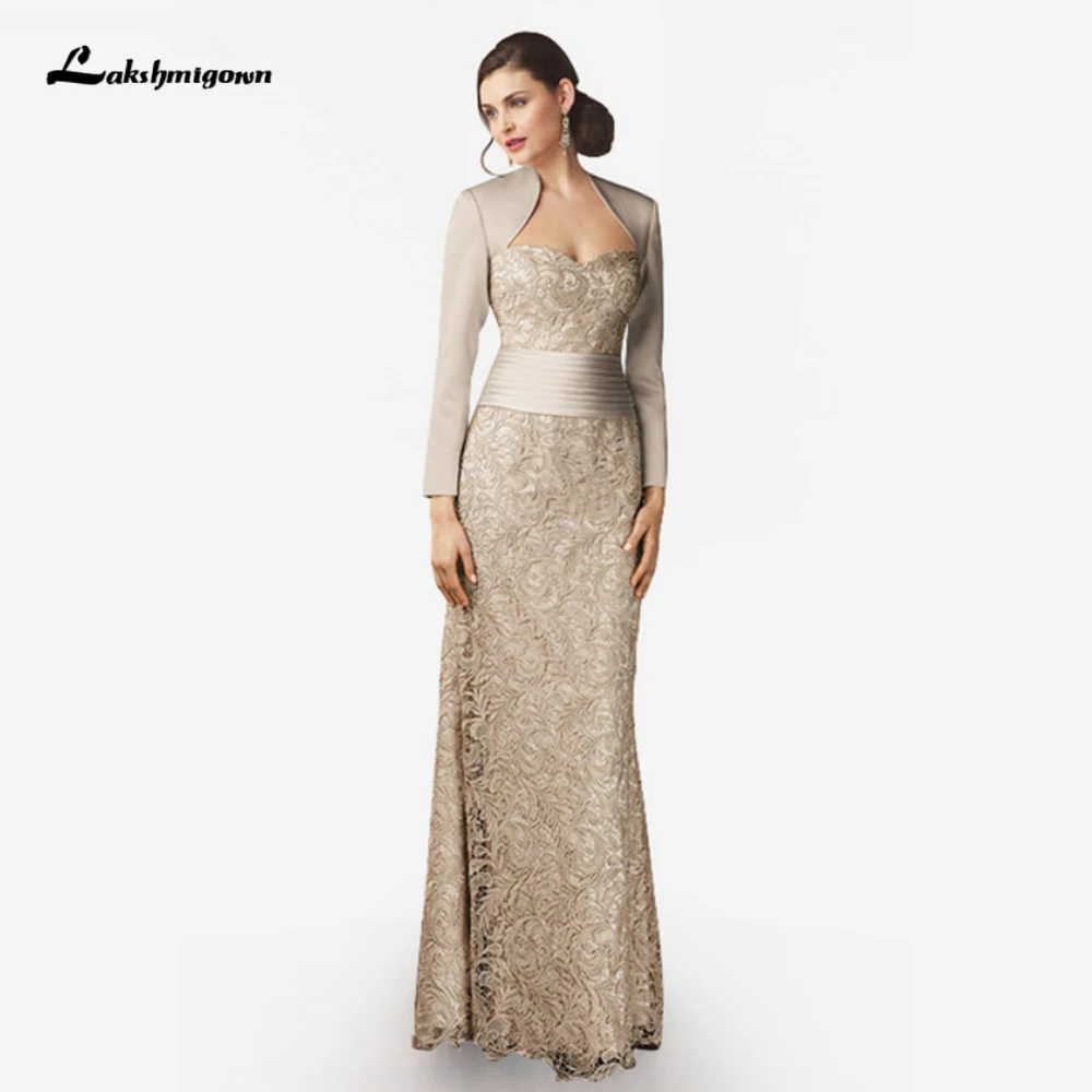 Mother Bride Dresses Modern Lace Long Sleeves Satin Formal Evening Gown for Wedding Party