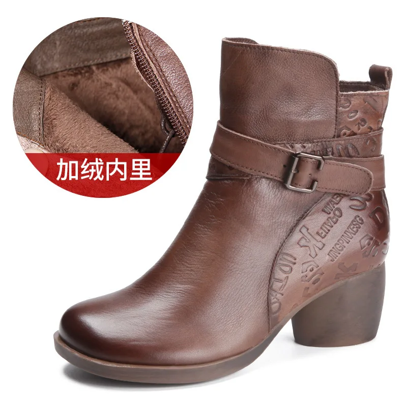 New Women Winter Snow Boots Mid-Calf Solid Thick High Heels Genuine Leather Shoes Women Warm Plush Boots Ladies