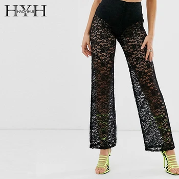 

HYH Haoyihui New Arrival Sexy Perspective Lace Stitching Summer Fashion Long Stretch High Waist Solid Color Wide Leg Pants