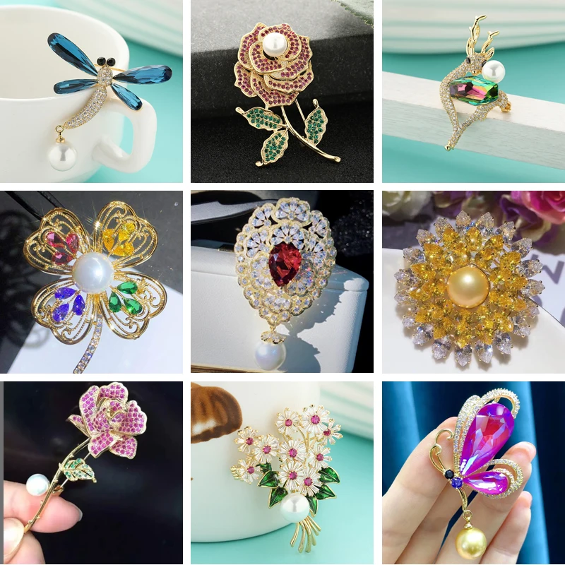 Luxury Crystal Pearl Brooches Pins Fashion Flower Deer Butterfly Rhinestone  Animal Insect Jewelry Brooch for Bouquet Wedding Pin