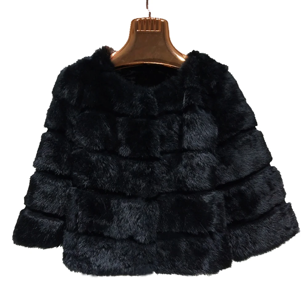 2023 Women New Arrival Genuine Whole Soft Rabbit Fur O Neck Striped Cut Basic For Autumn Winter Real Fur Jacket tsr857