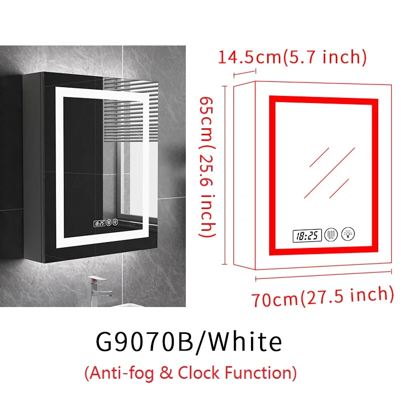 G9070B-White Gisha Настенный умный светодиодный шкаф с зеркалом для макияжа с сенсорным экраном и Bluetooth, интеллектуальное анти-запотевающее зеркало для ванной - Цвет: G9070B-White
