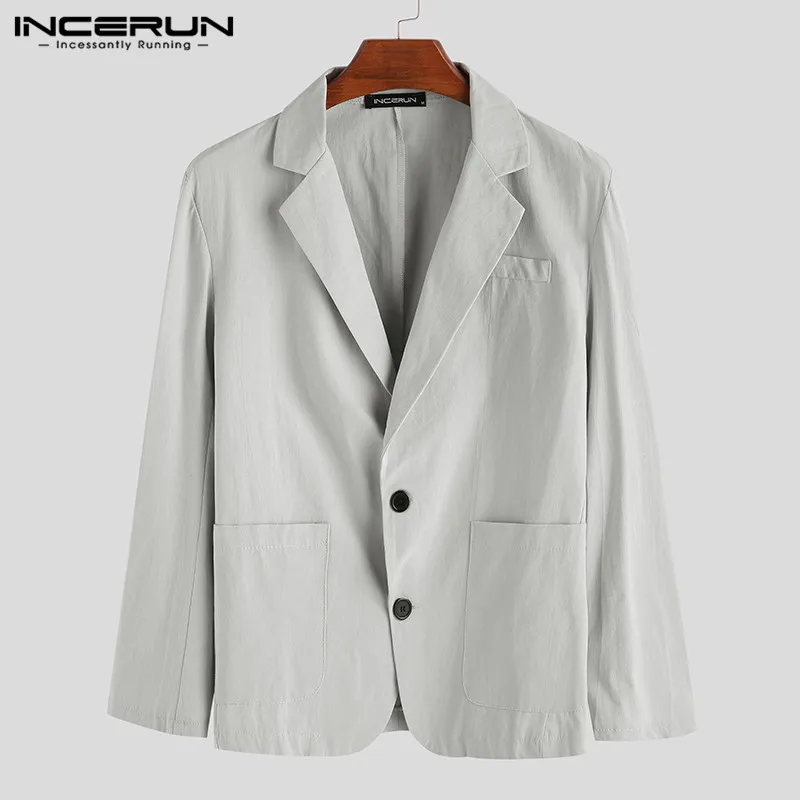 Grey INCERUN из хлопка и льна Бизнес Досуг шикарный костюм воротник блейзер однотонного цвета элегантные длинный рукав, дышащий тонкие пальто, пальто с жакетом, Masculino - Цвет: Grey
