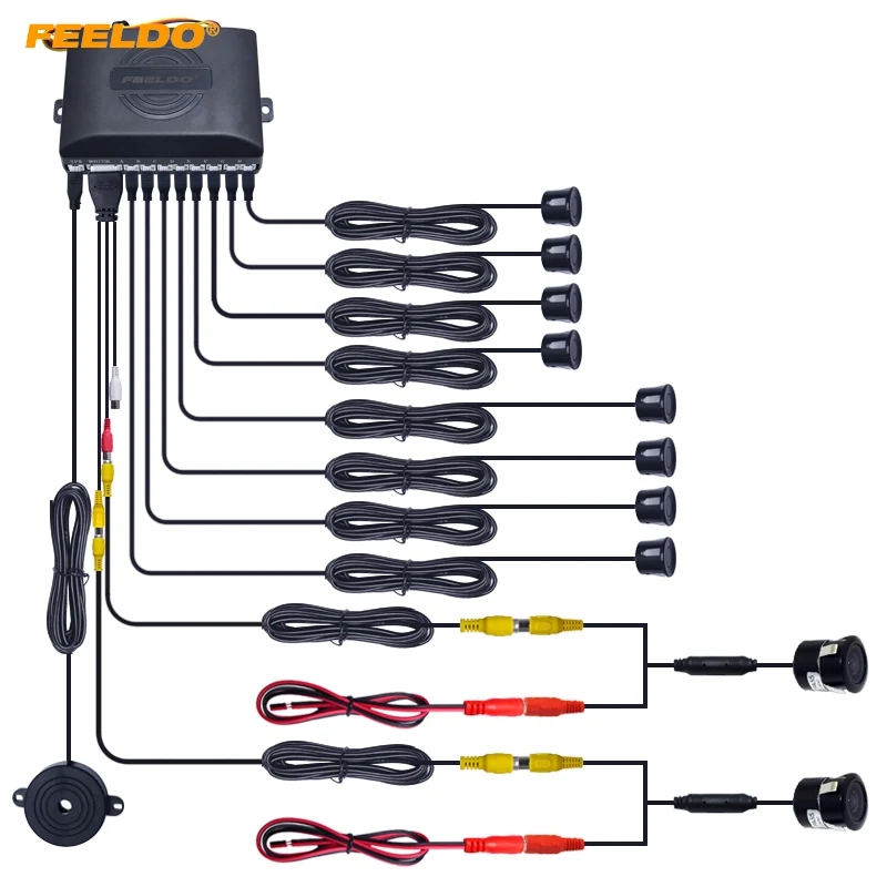FEELDO 1Set Car 8-Sensor Parking Sensor with 2pcs 18.5mm CCD Camera Dual Visual Rearview Video Parking Radar System #FD-930