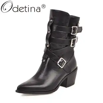 

Odetina Women Block Chunky Mid Heel Slip On Western Boots Autumn Pointed Toe Female Winter Buckle Strap Mid Claf Boots Studded