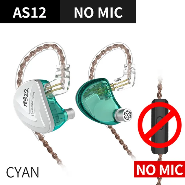 KZ AS12 6BA приводные устройства в ухо наушники 6 сбалансированный арматурный HIFI Мониторинг наушники гарнитура наушники KZ AS16 AS10 ZS10 CCA C16 - Цвет: silver no mic