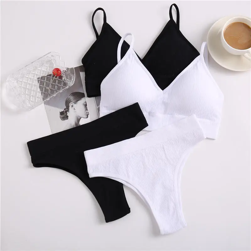 underwear sets sale Women Bra Set Sexy Lingerie Suit Underwear Brassiere + Thong Panties Female Tank Crop Tops Set Bralette Black Blue Solid Color bra and panty