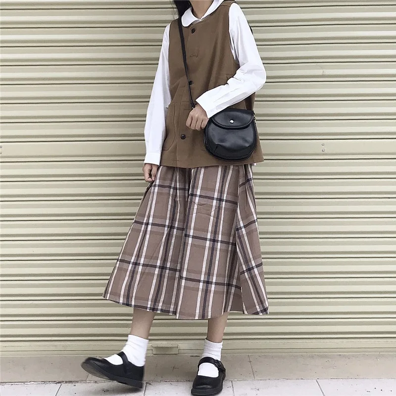 Женская Юбка-миди в японском стиле Харадзюку с высокой талией, клетчатая Свободная Женская юбка Saias в консервативном стиле, уличная осенне-Весенняя юбка для девочек, женская s