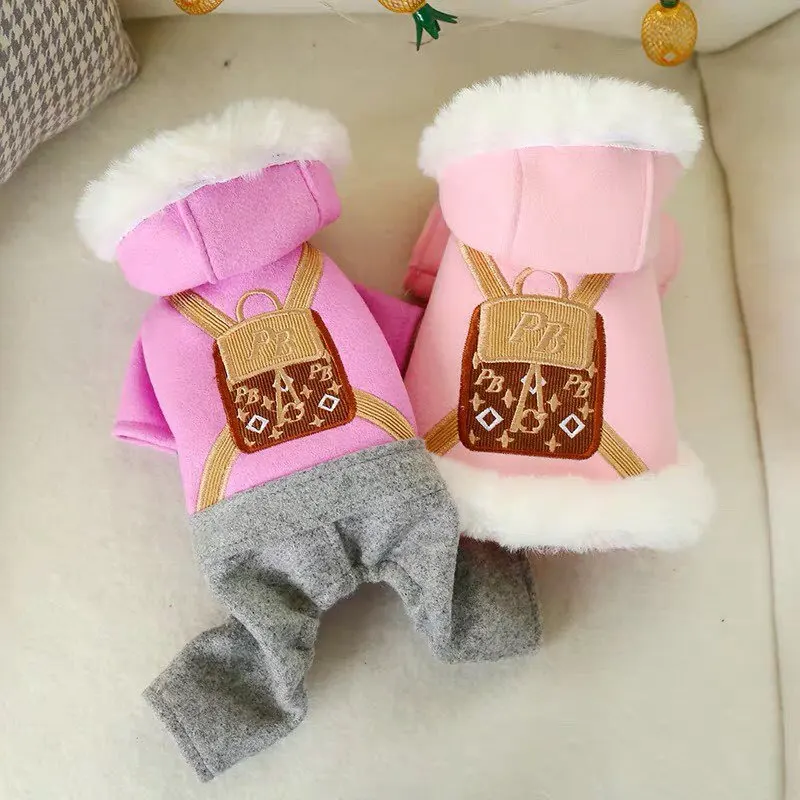 Осенне-зимний новейший Теплый розовый костюм на две ноги и фиолетовые Комбинезоны на четыре ноги модная дизайнерская одежда для собак Теплый костюм для собак