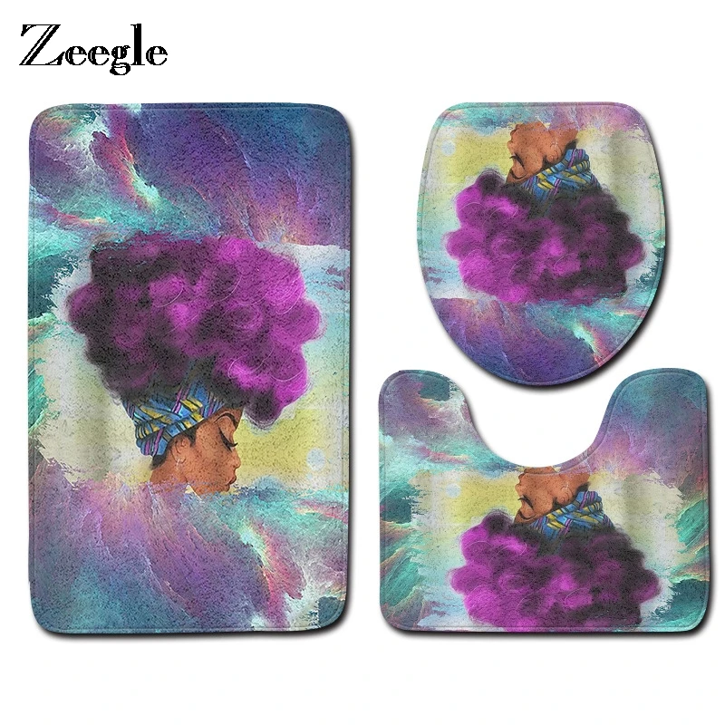 Zeegle African Woman Pattern Bathroom Carpets Set Water Absorbing Toilet Bath Mats Set Lid Cover Pedestal Rug Bathroom Rugs