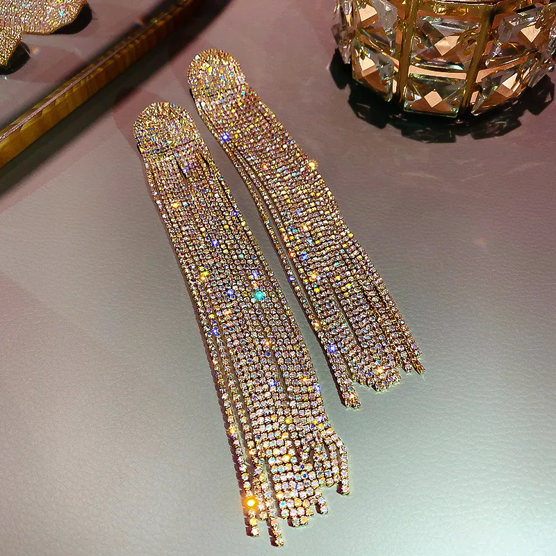 Long Tassel Full Rhinestone Drop Earrings Crystal Dangle Earrings
