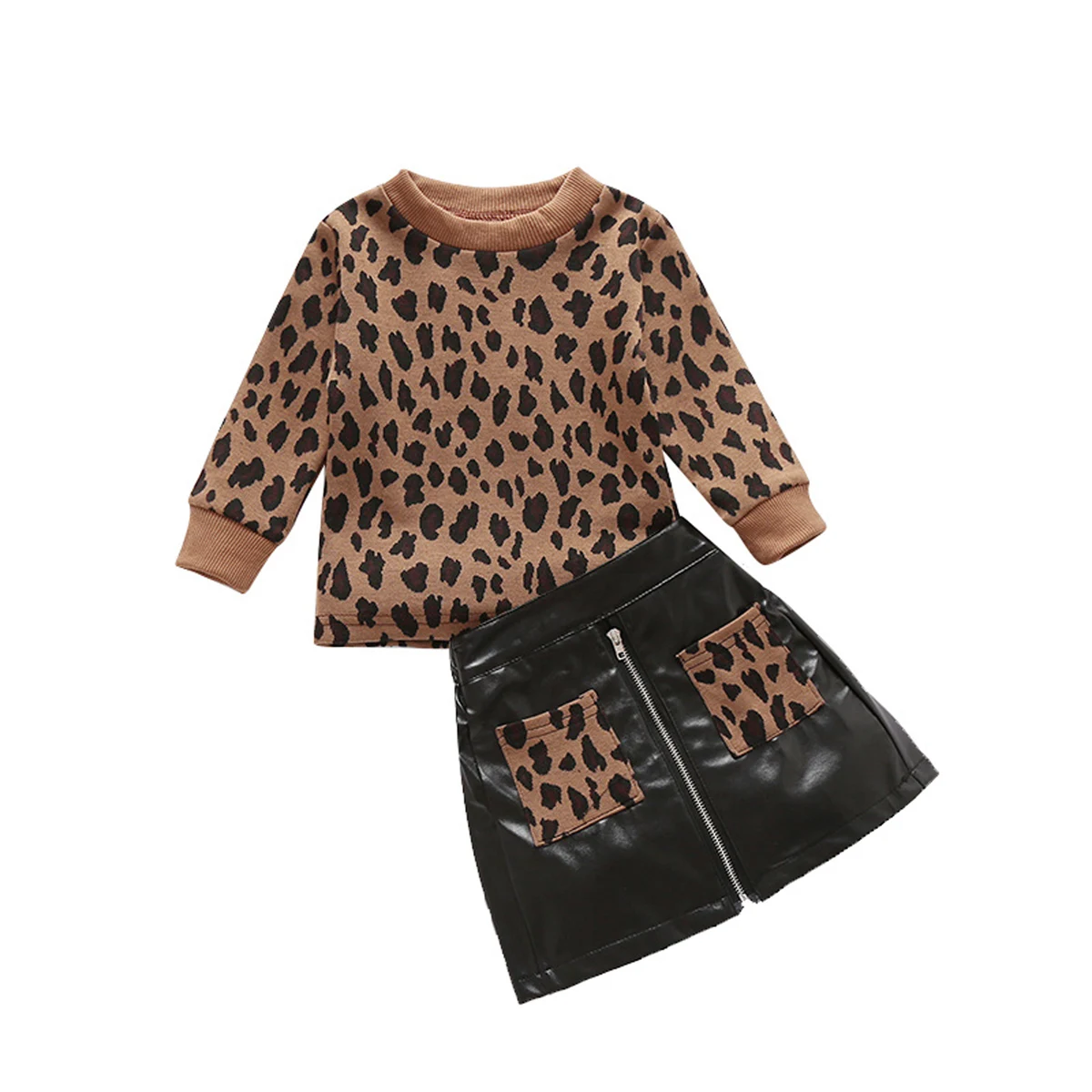 Girls Clothing Set Ma&Baby 1-5Y Autumn Winter Toddler Leopard Long Sleeve Pullover Top Pu Leather Skirts kids clothing set girls clothing set