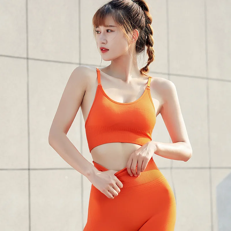 9015-Bra-orange Бесшовный хлопковый комплект для йоги, спортивная одежда для женщин, 2 предмета, сухой крой, облегающий короткий топ с длинным рукавом+ леггинсы, тренировочный костюм для спортзала, комплекты для фитнеса - Цвет: 9015-Bra-orange