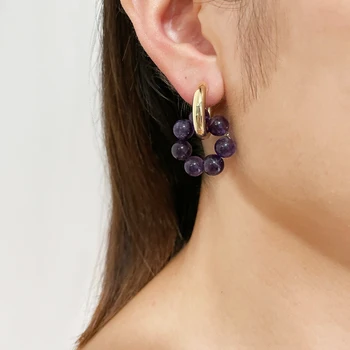 Peri'sBox Boho Asymmetric Multicolor Stone Bead Hoop Earring Colorful Stone Beaded Huggie Earrings Gift Jewelry