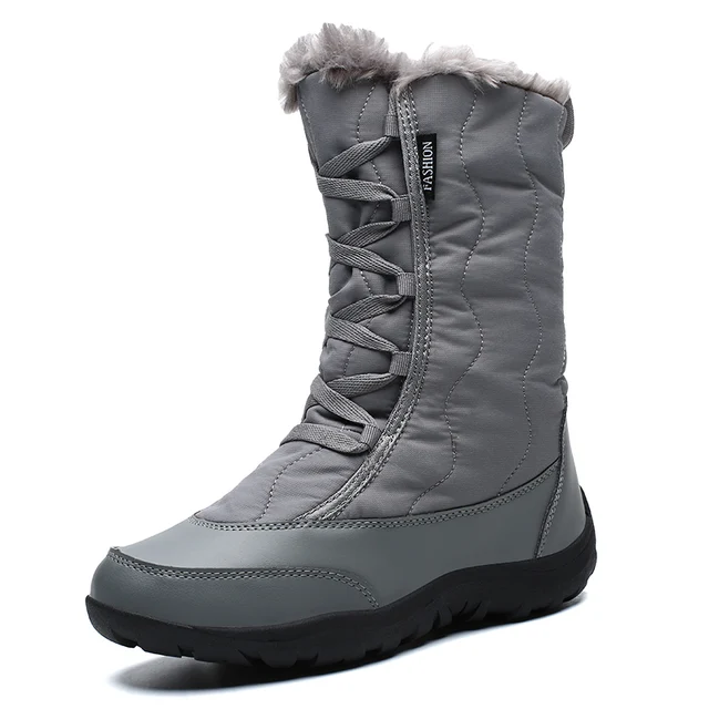 Winter Boots Women Warm Snow Boots Mid-Calf Waterproof Cotton Shoes Woman Warm Faux Fur Lined Hiking Boots Zapatillas Hombre Grey