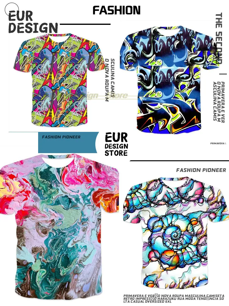 Colorful 3d graffiti printing men's T-shirt fashion tops 2021 summer casual breathable retro style cost-effective summer T-shirt