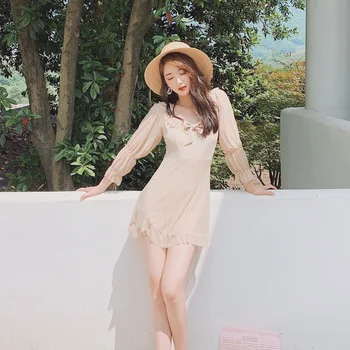 

Swimming Suit For Women Swimsuit 2019 Bathing One Piece Bikinis Female Retro Ladies Closed 2020 New Korean Chiffon Girl Swimwear