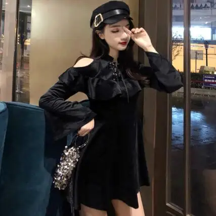 

New Arrival Autumn Gothic Girls Dresses Chest Hollow Out Sexy Women Dresses Long Sleeve A Line Black Punk Dress DV49