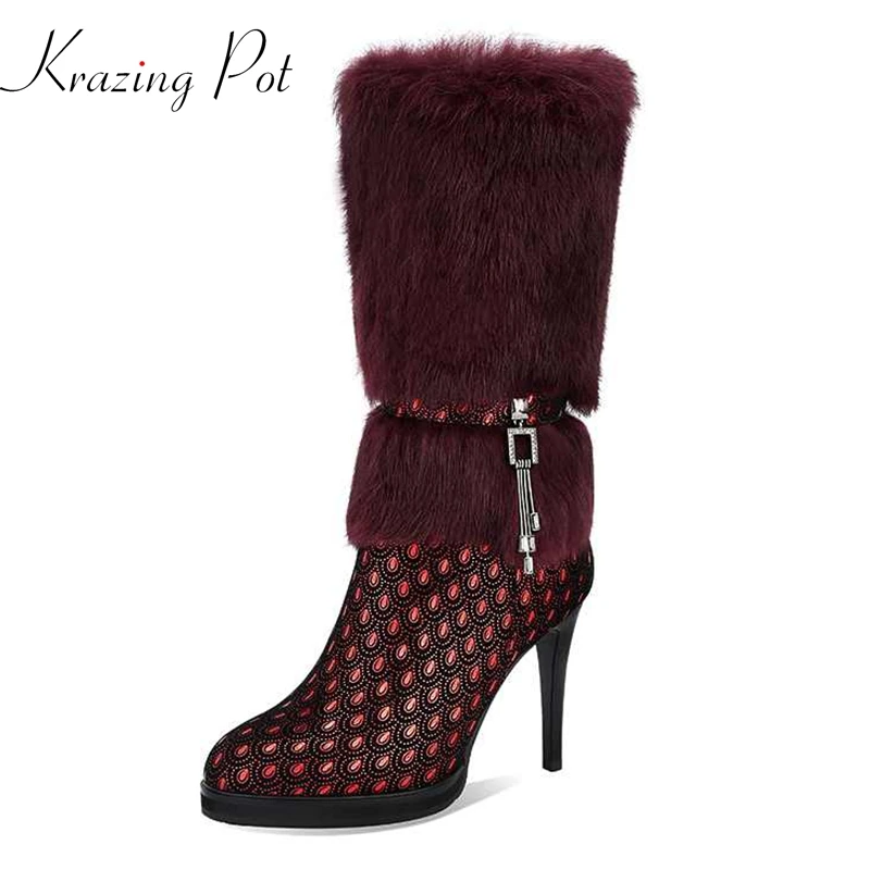 

krazing pot prints special sheep leather high heels rabbit fur round toe pendant crystal warm preppy style mid-calf boots l28