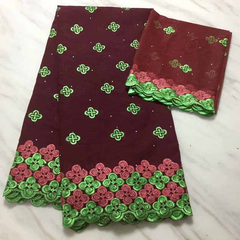 

5Yards/pc Fashion Flower Embroidery African Wine Cotton Fabric Match 2Yards Net Lace For Blouse Set PL11385A