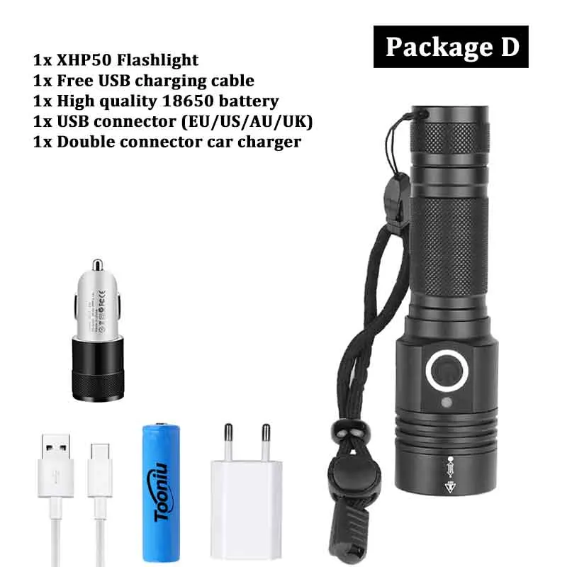 Package D Блики XHP50 светодиодный фонарик USB Перезаряжаемый 4 режима освещения Водонепроницаемый зум тактический фонарь с магнитом с помощью батареи 18650 - Испускаемый цвет: Package D