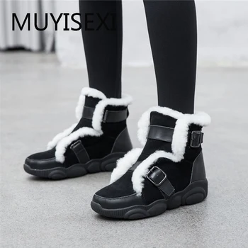 

Snow boots casual buckle new winter ladies warm flat round head leather Boots womens winter shoes genuine leather WMN12 MUYISEXI