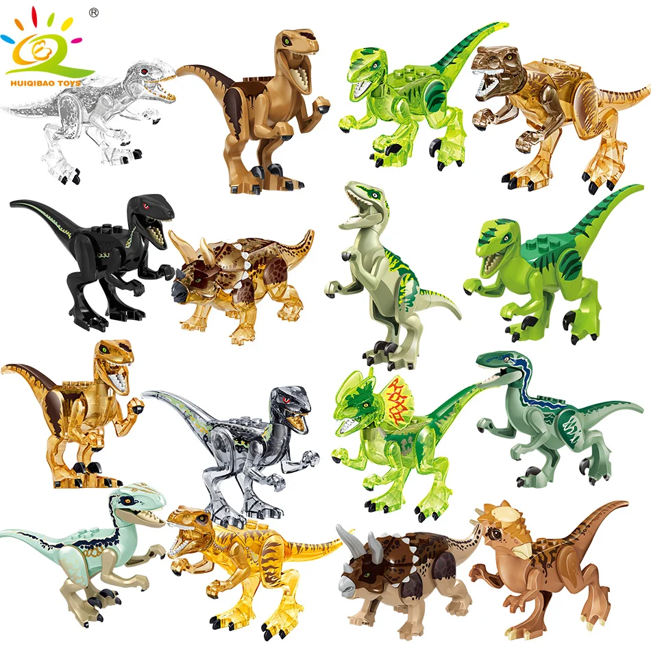 Preise HUIQIBAO SPIELZEUG 8PCS Dinosaurier park T Rex Blau fakten Bausteine für Kinder Jurassic stadt Welt Legoingly Ziegel DIY set