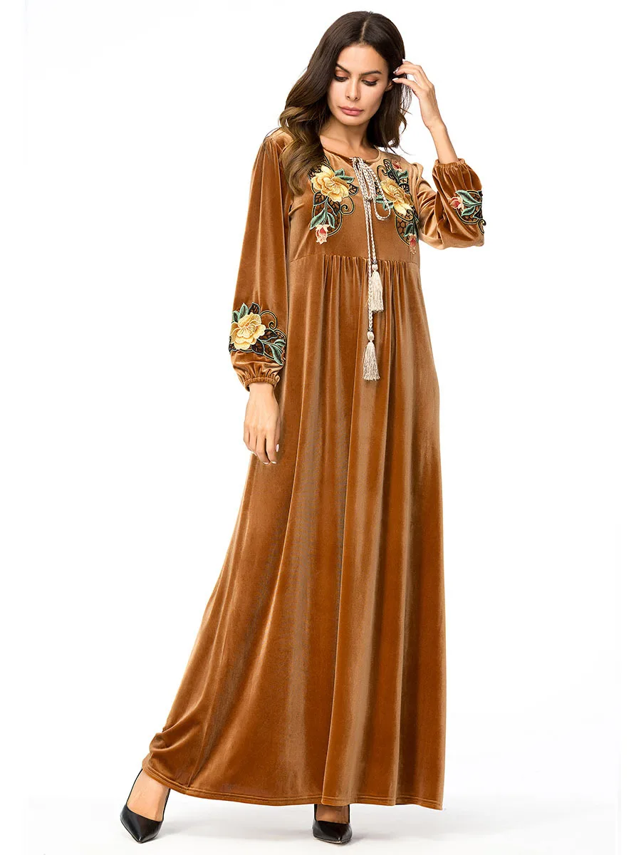 Мусульманское платье, мусульманская одежда, марокканский кафтан, Осенний халат, Вышитый вручную корейский бархат, abaya Femme, платье с длинными рукавами - Цвет: brown