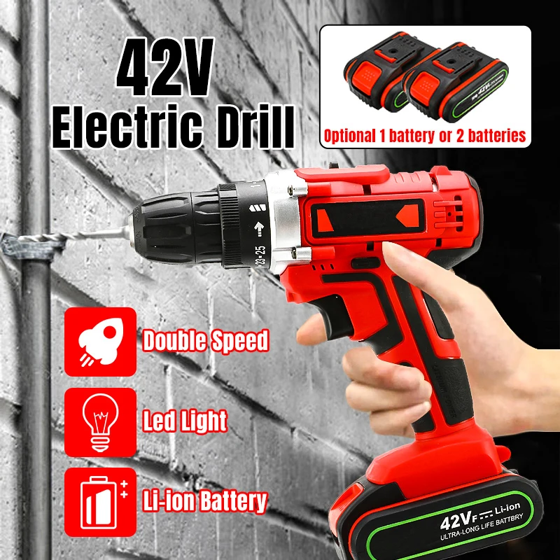 

Cordless Electric Screwdriver 42VF 2-Speed Impact Drill 25+1 Torque Rechargeable LI-ION Battery Electric Drill Power Tools