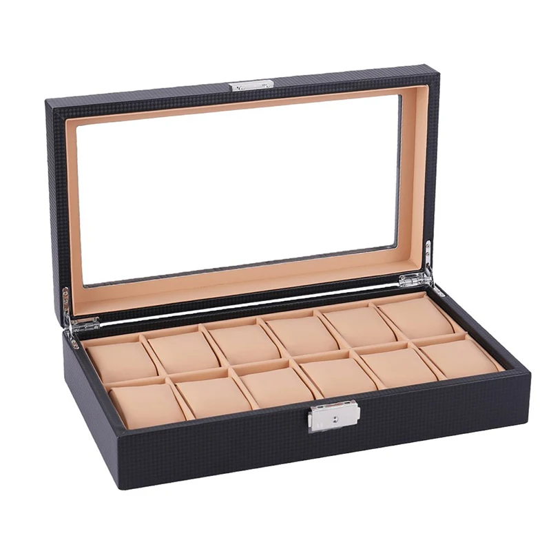 

12 Slots Grid Pu Leather Watch Display Box Jewelry Storage Organizer Case Locked Watch Display Box