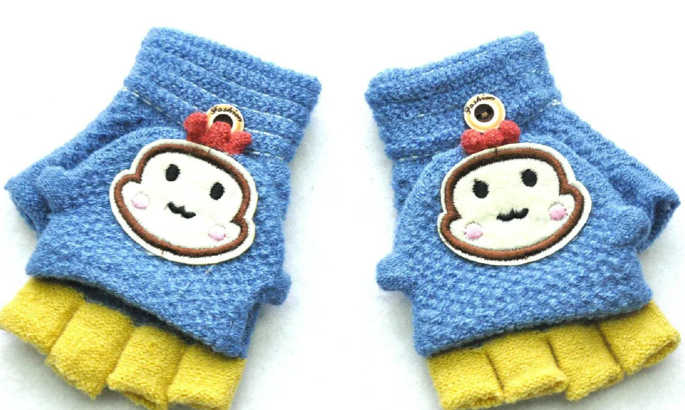 Митенки Детские ученические зимние теплые имитирующие кашемир флип половина пальцев перчатки милый мультфильм Маленькая обезьяна аппликация рукавички пэчворк - Цвет: blue