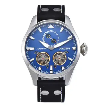 

Solid Corgeut 47mm blue dial luminous marks flywheel moon phase function self-winding movement mechanical men's watches