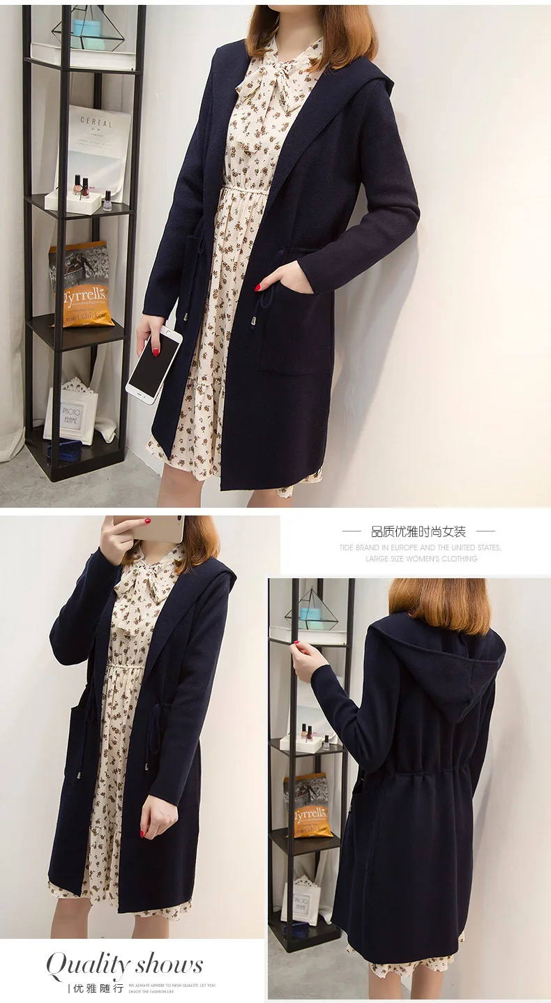 Spring Autumn Women Belt Loose Hooded Knitted Long Cardigan Sweater Jacket Female Warm Tricot Coat Casaco Mujer AQ577