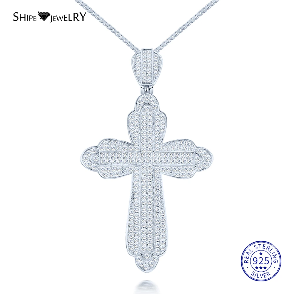 Shipei Big Cross Necklace for Women Men 925 Sterling Silver Pave Setting Topaz Cross Pendant Necklace Birthday Gift