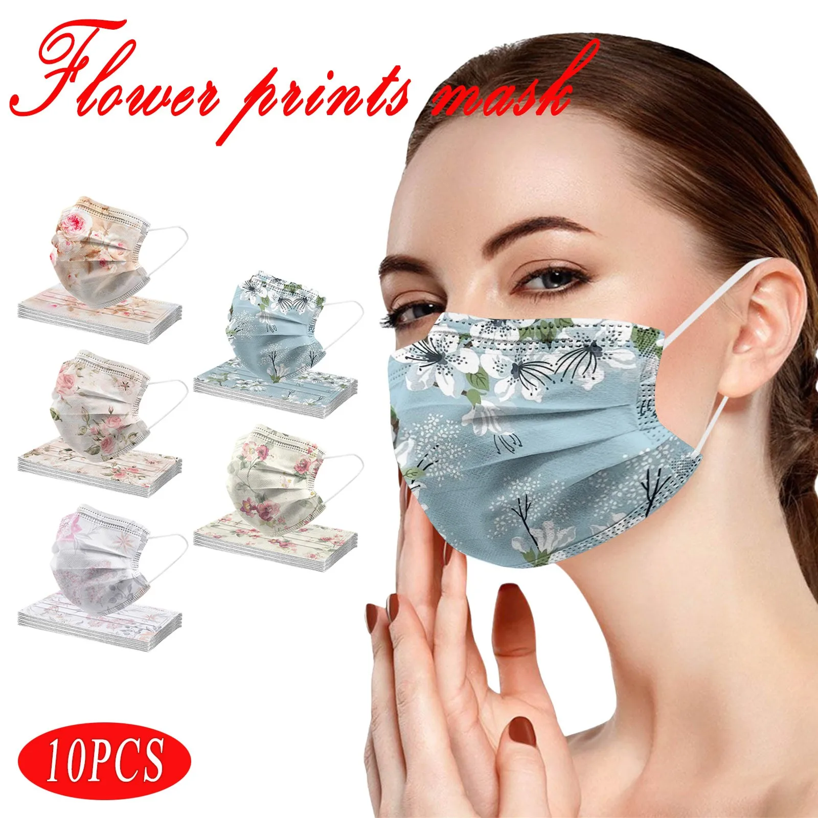 10PCS Fashion Disposable Masks For Women Flower Pattern Adults Daily Beautiful Flower Prints 3 -Layer Disposable Face Mask