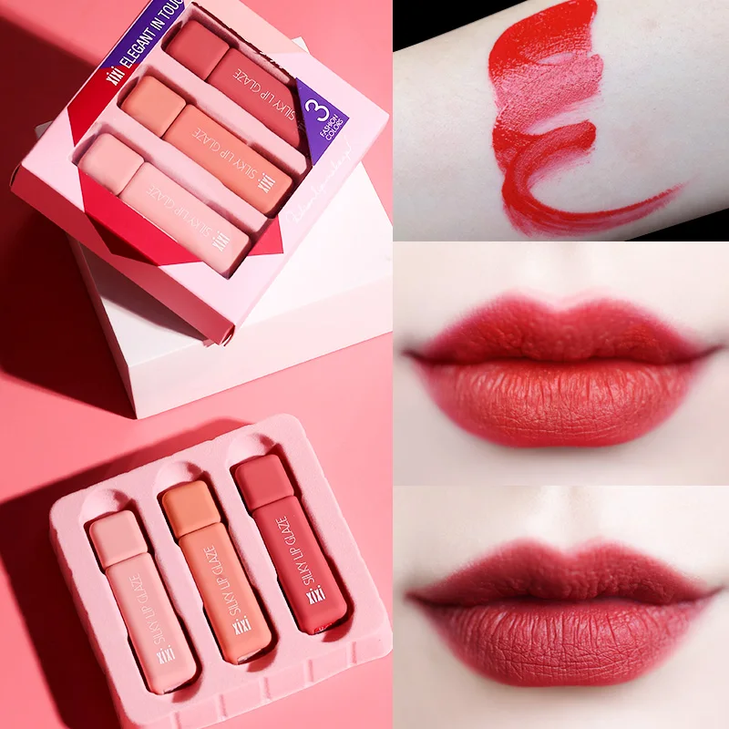 

3pcs Xixi velvet lip tint sexy red orange pumpkin color waterproof long lasting batom nude matte lip gloss AC103