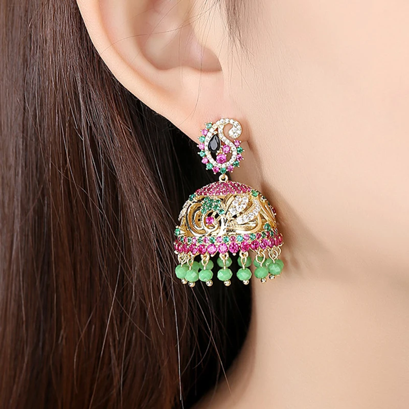 Модная индийская Jhumka AAA Cunbic Циркон маленькие колокольчики висячие серьги Этническая Цыганская бусина Jhumki женские свадебные украшения для вечеринки