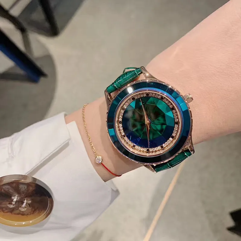Vogue полностью зеленые кристаллы часы для женщин модное платье часы многогранные хрустальные наручные часы водонепроницаемые часы из натуральной кожи