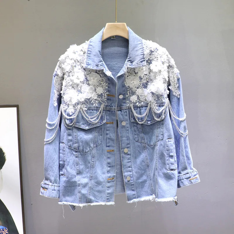

Light Blue Jeans Jacket for Women 2020 Spring Fall New Machine Embroidery Flower Beaded Crystal Raw Edge Chain Jeans Coat Female