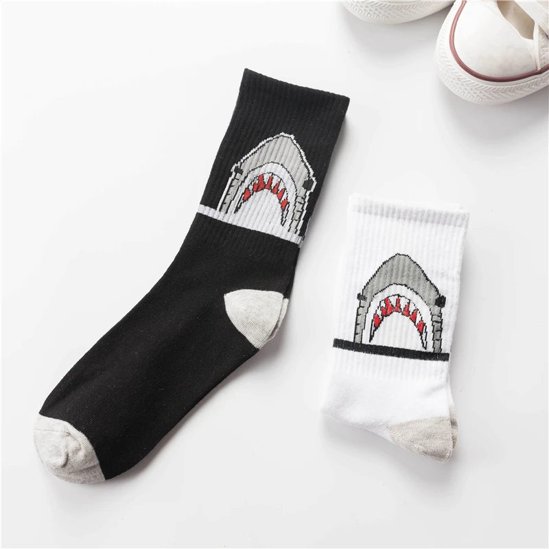 Fashion Shark Women Hip Hop Socks Long Cartoon Socks Unisex Hiphop Street Sport Skateboard Black White Crew Socks Dropship