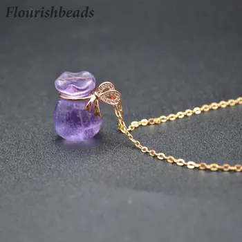 

Natural Amethyst Gemstones Mini Cute Money Bag Shape Paved CZ Beads Rose Bowknot Pendants Necklace Lady Gift Jewelry Party