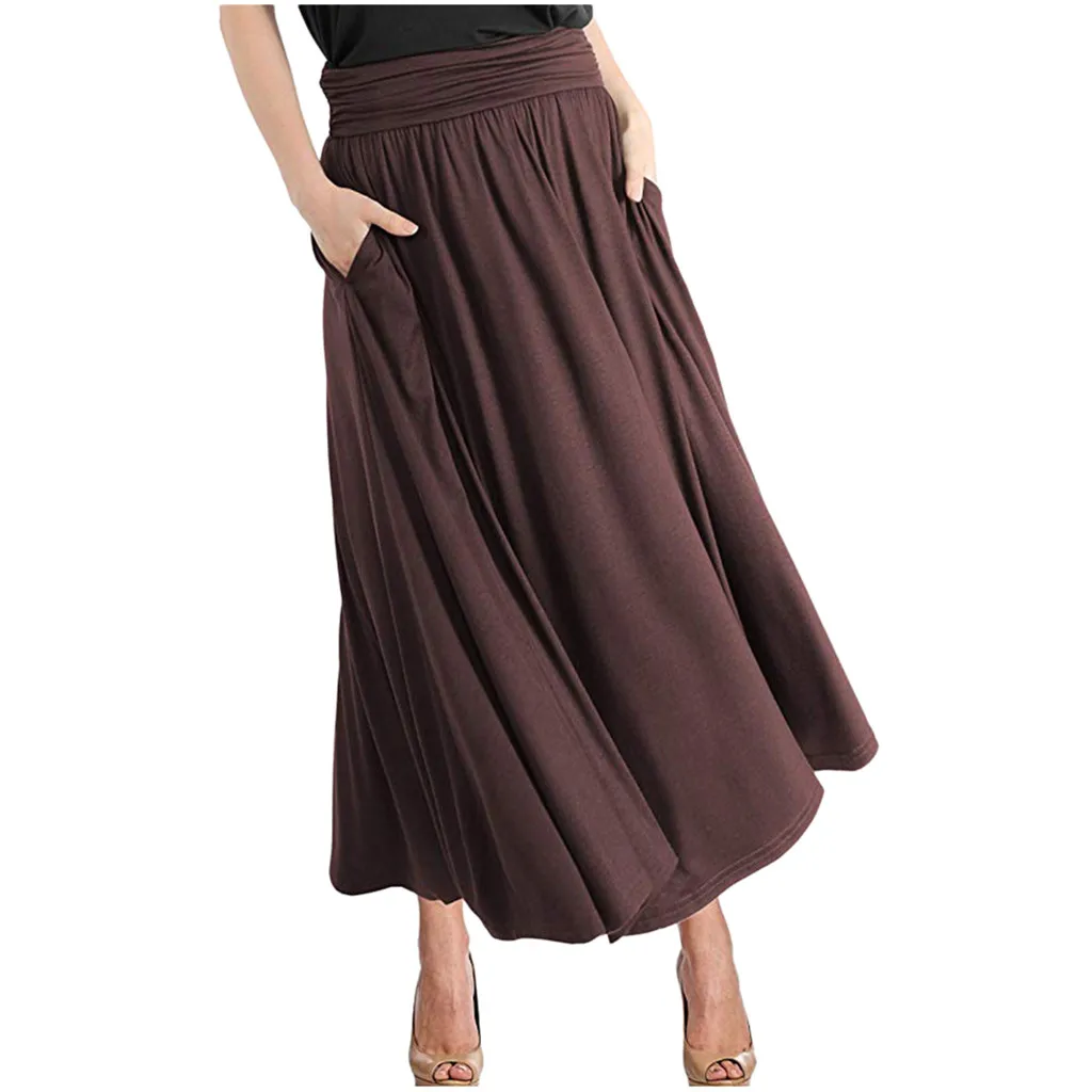Coffee JAYCOSIN Clothes Women Soild Color Long Skirt Womens Fashion High Waist Loose Pleated Skirt Ladies Faldas Mujer Moda 1105 - Цвет: Coffee