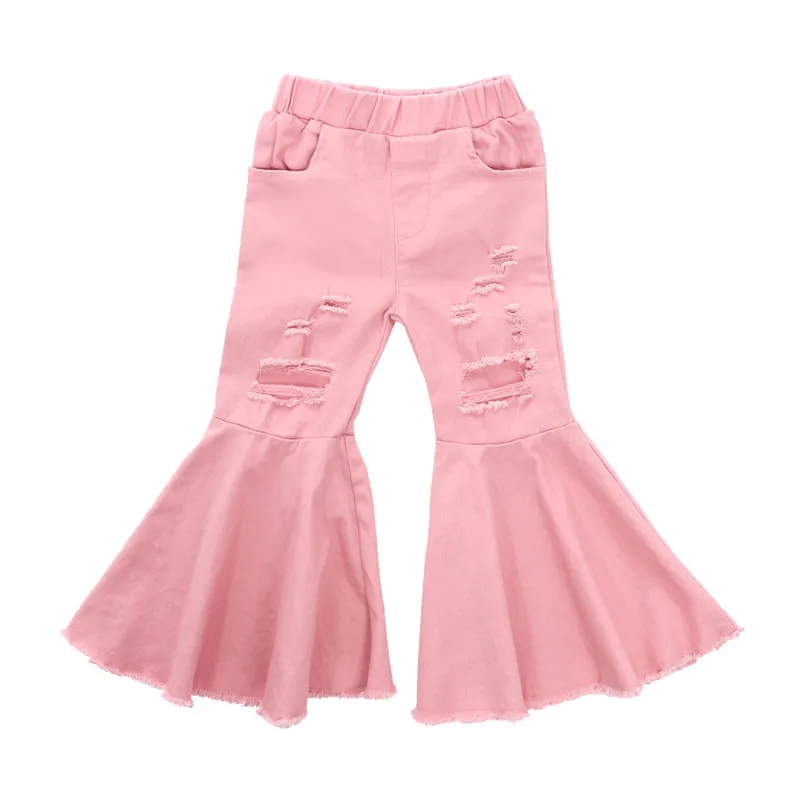 

Baby Girl Flare Trousers Hole Elastic Waist With Pocket Demin Kids Pants Child Spring Boot Out Long Pants