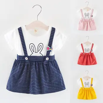 

2019 New fashion summer girls dress Toddler Kid Baby Girl Rabbit Cartoon Striped Printed Party Princess Dress for 6-24Month kids